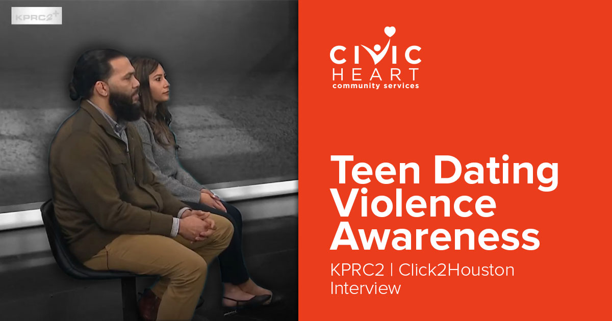 Jasmine Pena and Kris McCray from Civic Heart sit down with a KPRC2 news anchor during an interview on Teen Dating Violence Awareness Month, discussing prevention strategies and the impact of education on youth relationships.